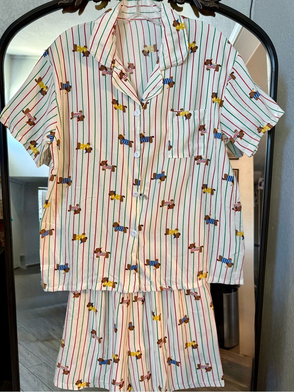 Cream Striped Pajama Set with Colorful Dog Print